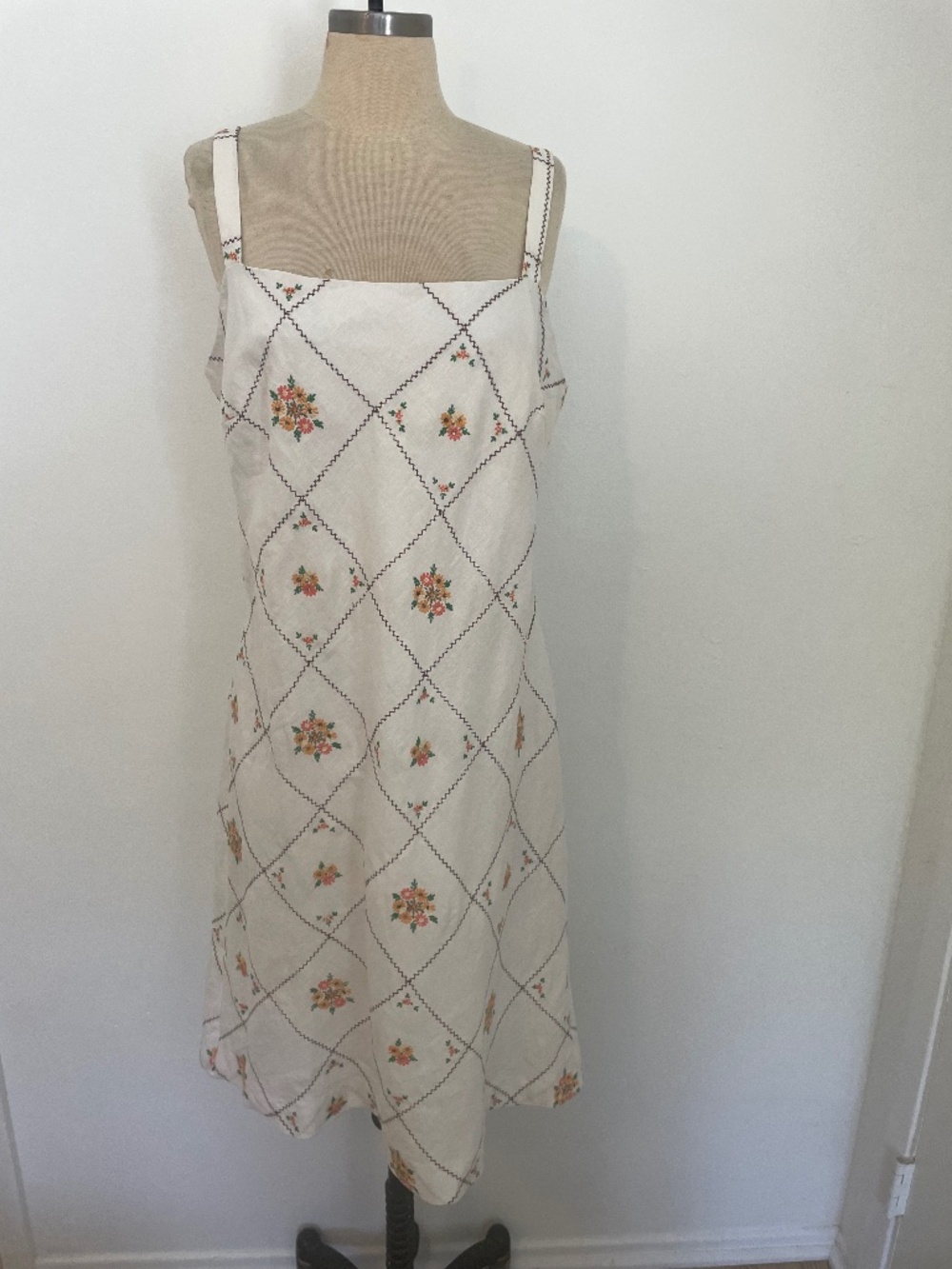 Vintage Spencer Jeremy Linen Embroidered Midi White Dress, Cottagecore, Size 12